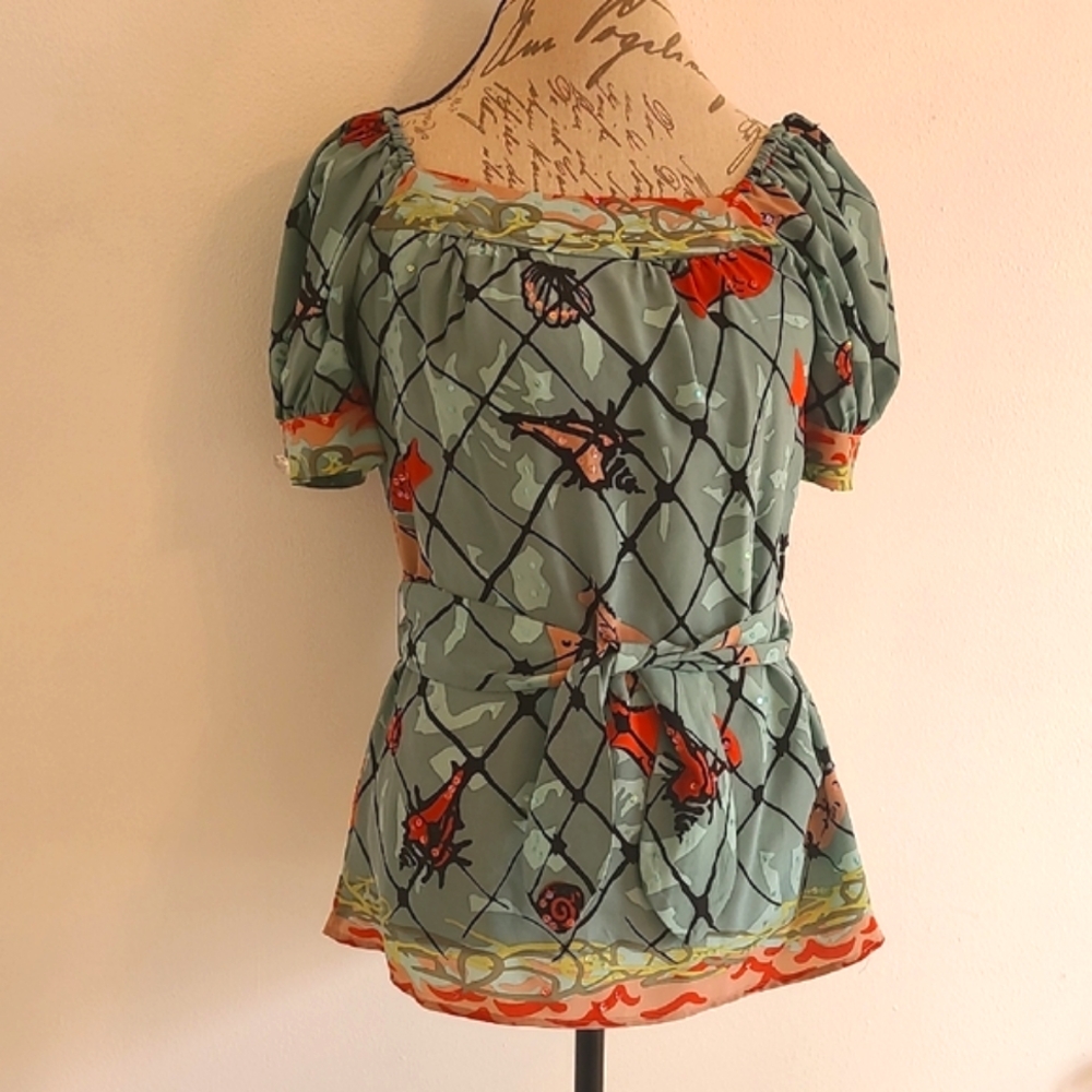 Nanette Lepore Fish Beach Aqua Sequin Sea Silk Top Size 2